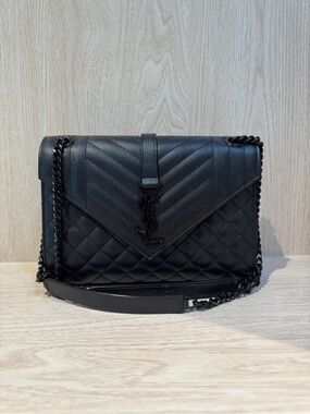 Saint Laurent Black Quilted Envelope Shoulder Bag with Chain Strap